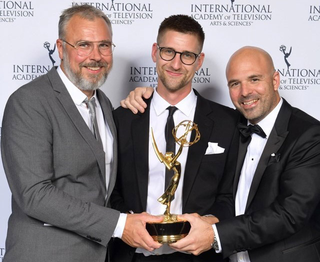 Winners Ola Christofersson, Axel Gordh-Humlesjö and Ali Fegan at International Emmy Awards 2019.